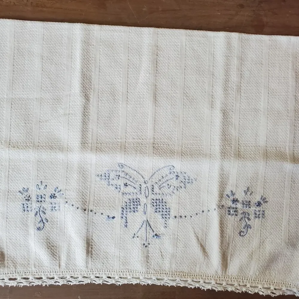Vintage Hand Towel White w/ Blue Butterfly Embroidery Cross Stitch 17x22 Inch